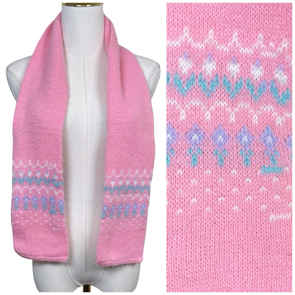 Vintage Scarf Fair Isle Knit Womens Pink Pastel Geometric Winter 80s Kawaii